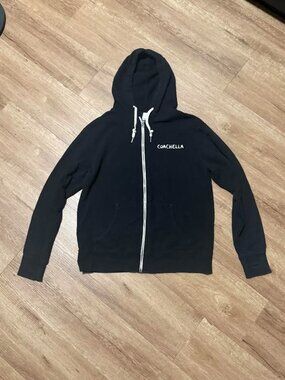 2019 Coachella Black Zip Up Hoodie with White Writing - Size Women's Medium